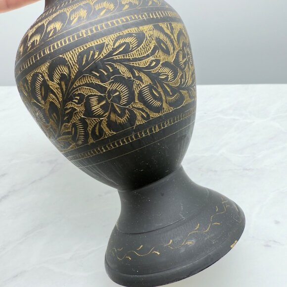 Vintage Handcrafted Brass Vase With Intricate Gold Floral Etching Design - Picture 7 of 11